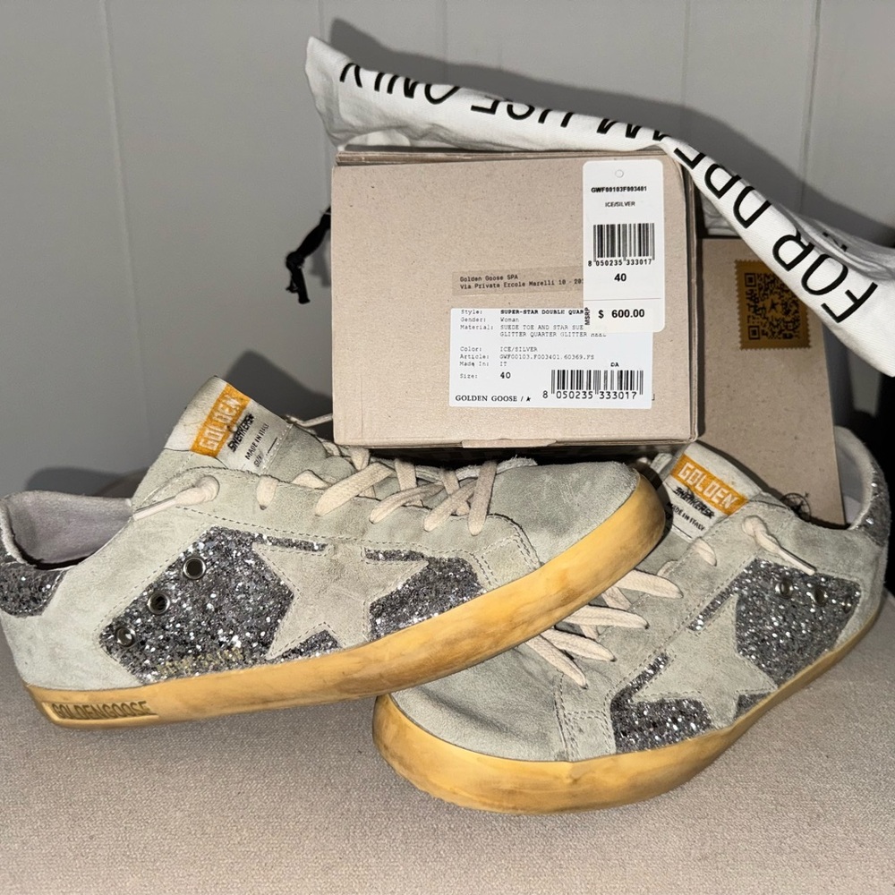 Golden Goose Gray and Gold Glitter Sneakers